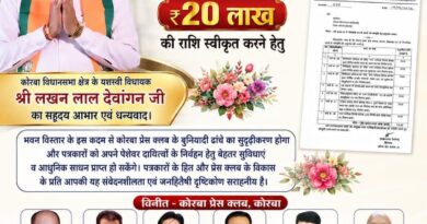 कोरबा प्रेस क्लब भवन विस्तार के लिए विधायक मद से 20 लाख रुपये की अनुशंसा, विधायक लखन लाल देवांगन ने कलेक्टर को भेजा पत्र, प्रेस क्लब ने जताया आभार